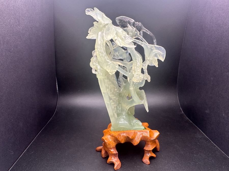 Chinese Carved Jade Sculpture Depicting Birds, Flowers and Bug, on Hand-Carved Wooden Base 7.5'H [Photo 7]