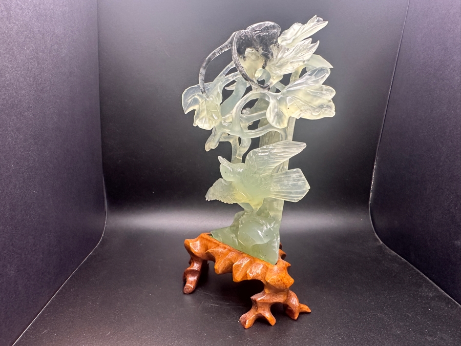 Chinese Carved Jade Sculpture Depicting Birds, Flowers and Bug, on Hand-Carved Wooden Base 7.5'H [Photo 2]