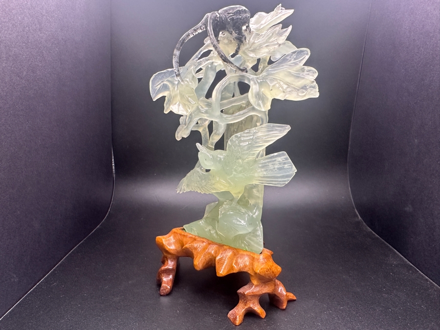 Chinese Carved Jade Sculpture Depicting Birds, Flowers and Bug, on Hand-Carved Wooden Base 7.5'H [Photo 10]