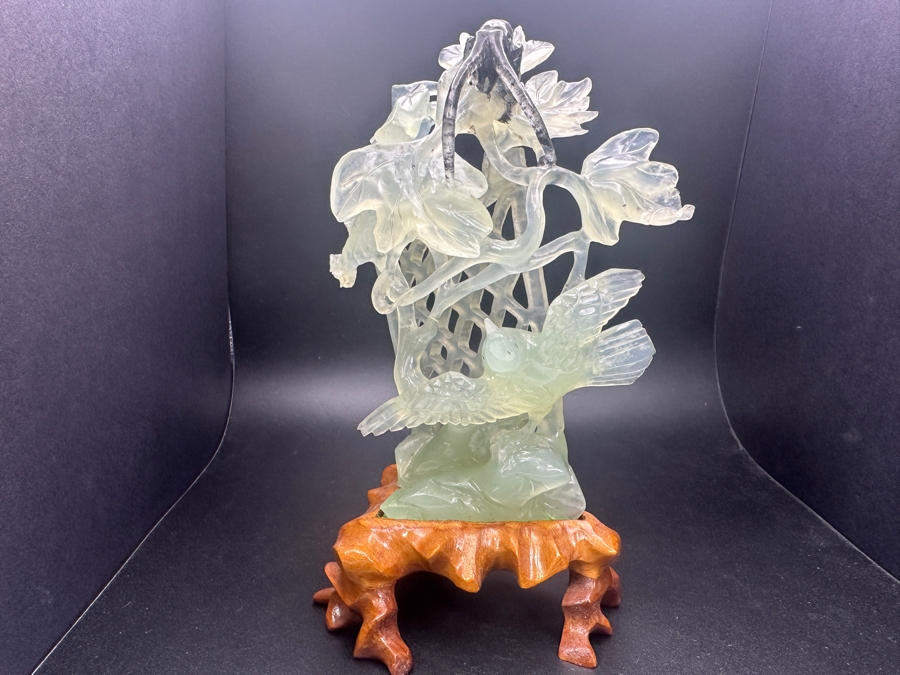 Chinese Carved Jade Sculpture Depicting Birds, Flowers and Bug, on Hand-Carved Wooden Base 7.5'H [Photo 9]
