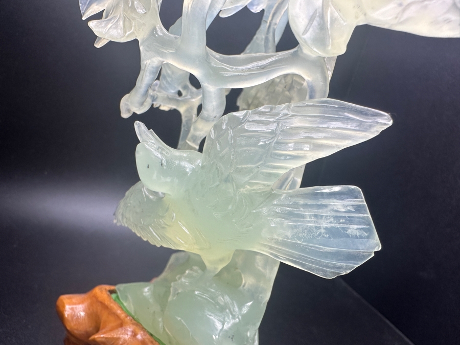 Chinese Carved Jade Sculpture Depicting Birds, Flowers and Bug, on Hand-Carved Wooden Base 7.5'H [Photo 4]