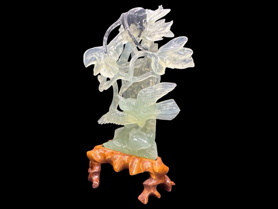Chinese Carved Jade Sculpture Depicting Birds, Flowers and Bug, on Hand-Carved Wooden Base 7.5'H