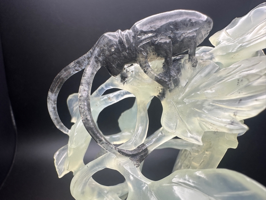 Chinese Carved Jade Sculpture Depicting Birds, Flowers and Bug, on Hand-Carved Wooden Base 7.5'H [Photo 3]