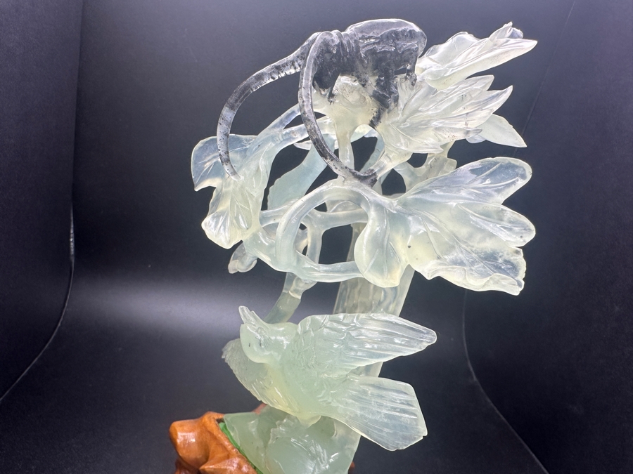 Chinese Carved Jade Sculpture Depicting Birds, Flowers and Bug, on Hand-Carved Wooden Base 7.5'H [Photo 5]