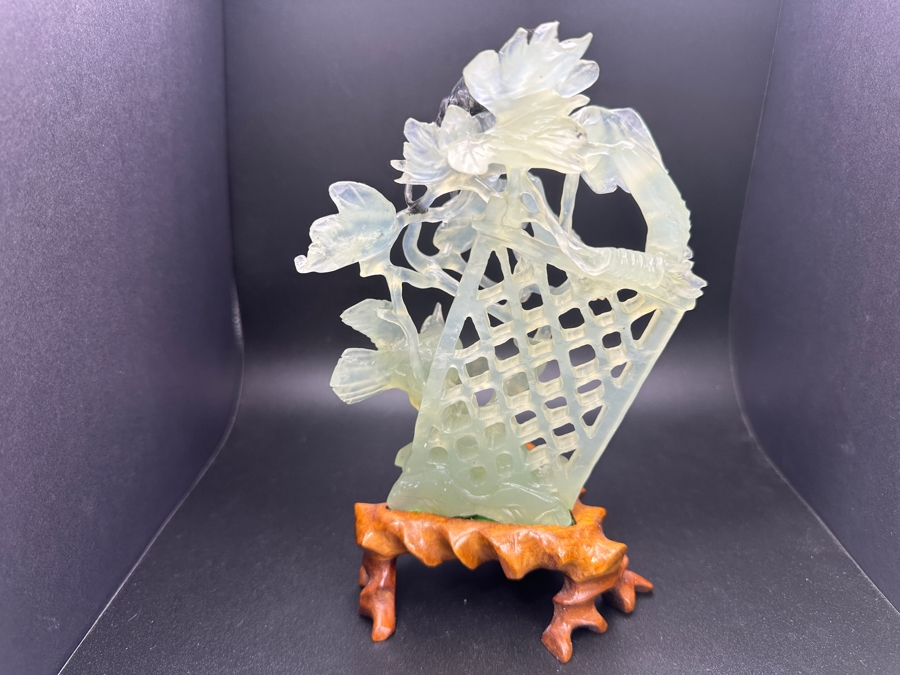 Chinese Carved Jade Sculpture Depicting Birds, Flowers and Bug, on Hand-Carved Wooden Base 7.5'H [Photo 6]