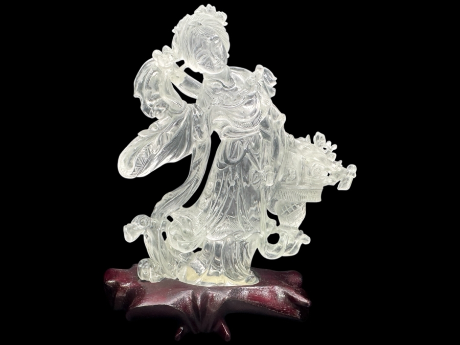 Vintage Chinese Rock Crystal Carving Of Guanyin on Wooden Stand 7'H