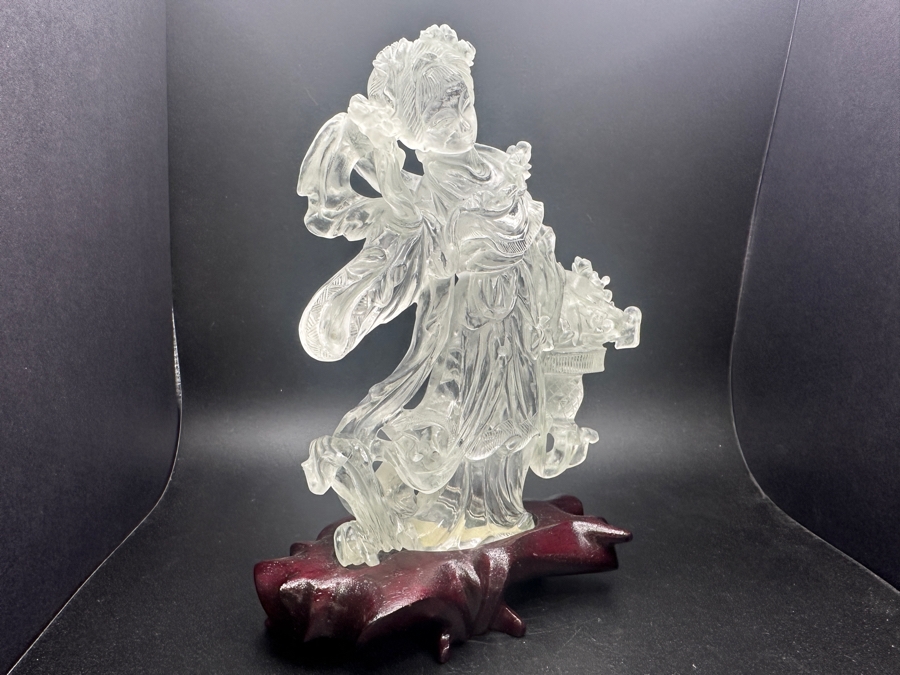 Vintage Chinese Rock Crystal Carving Of Guanyin on Wooden Stand 7'H [Photo 11]