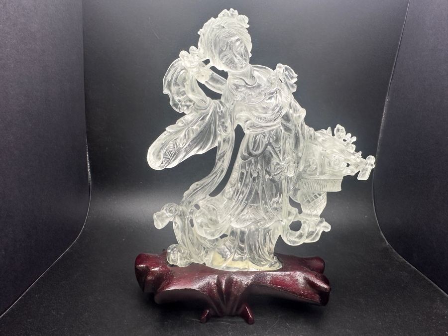 Vintage Chinese Rock Crystal Carving Of Guanyin on Wooden Stand 7'H [Photo 2]