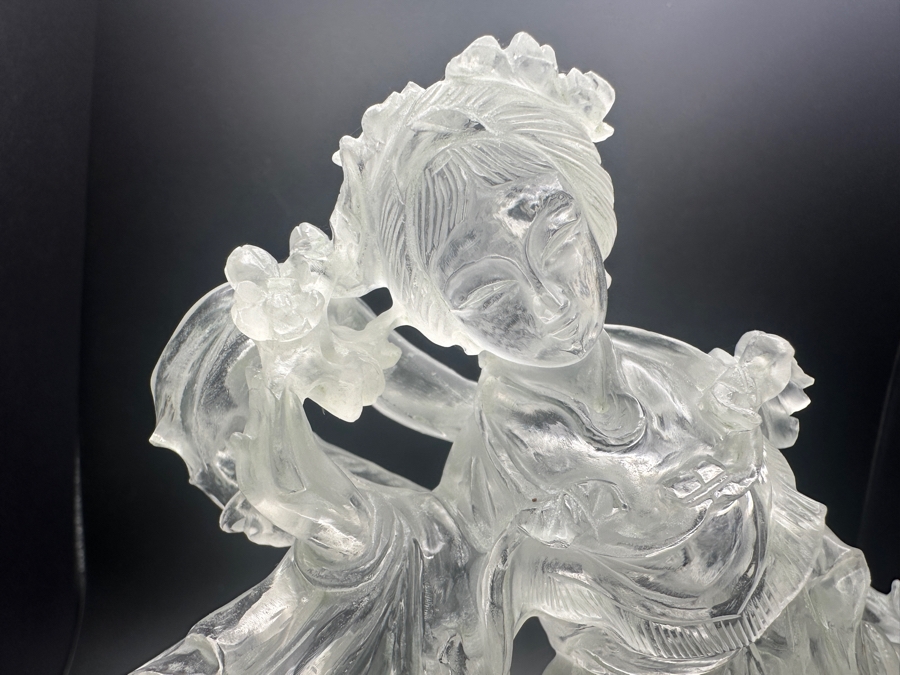 Vintage Chinese Rock Crystal Carving Of Guanyin on Wooden Stand 7'H [Photo 3]