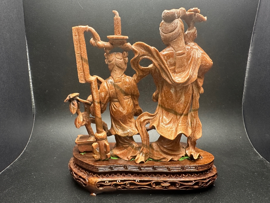 Chinese Carved Stone Figurine On Wooden Base 6'H [Photo 5]