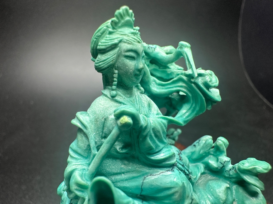 Small Vintage Chinese Intricately Carved Turquoise Dancing Fairy Woman Figurine On A Wooden Stand 3.25'H [Photo 11]