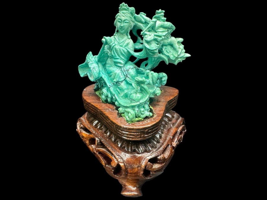 Small Vintage Chinese Intricately Carved Turquoise Dancing Fairy Woman Figurine On A Wooden Stand 3.25'H