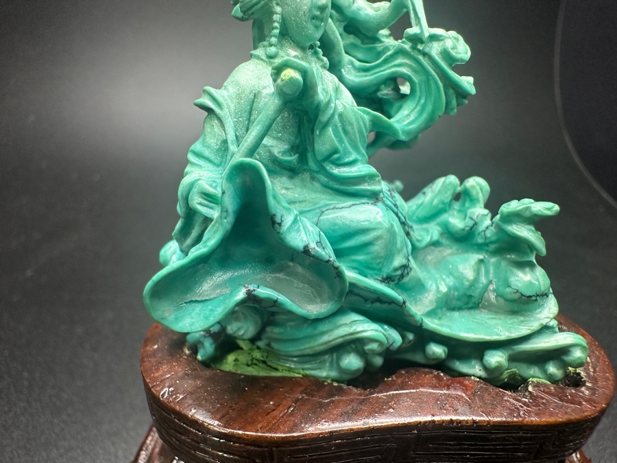 Small Vintage Chinese Intricately Carved Turquoise Dancing Fairy Woman Figurine On A Wooden Stand 3.25'H [Photo 10]