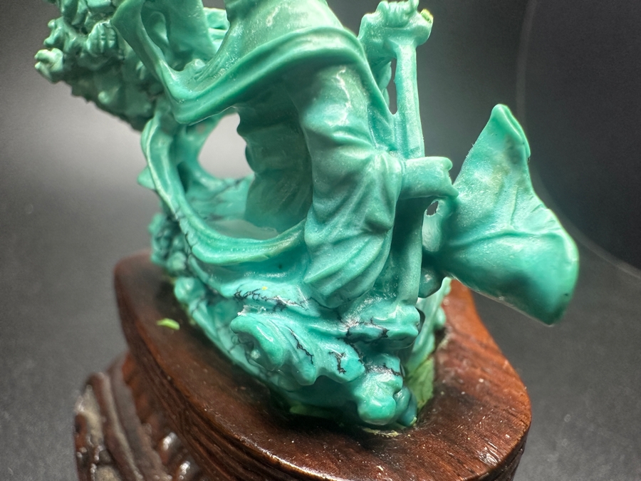 Small Vintage Chinese Intricately Carved Turquoise Dancing Fairy Woman Figurine On A Wooden Stand 3.25'H [Photo 9]