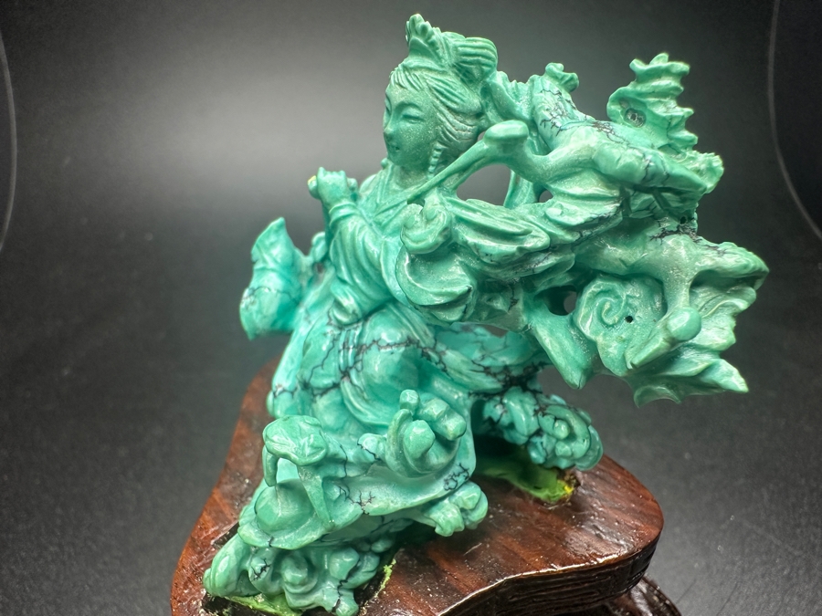 Small Vintage Chinese Intricately Carved Turquoise Dancing Fairy Woman Figurine On A Wooden Stand 3.25'H [Photo 5]