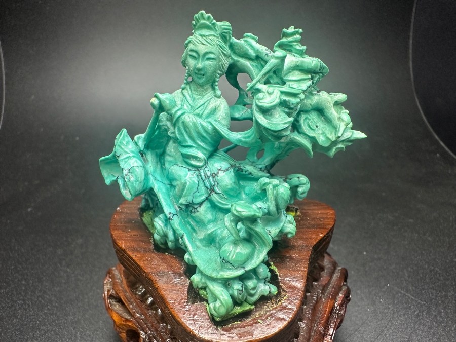 Small Vintage Chinese Intricately Carved Turquoise Dancing Fairy Woman Figurine On A Wooden Stand 3.25'H [Photo 3]