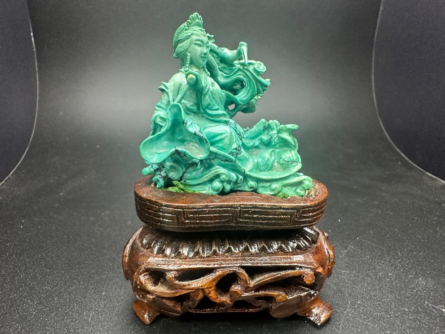 Small Vintage Chinese Intricately Carved Turquoise Dancing Fairy Woman Figurine On A Wooden Stand 3.25'H [Photo 12]