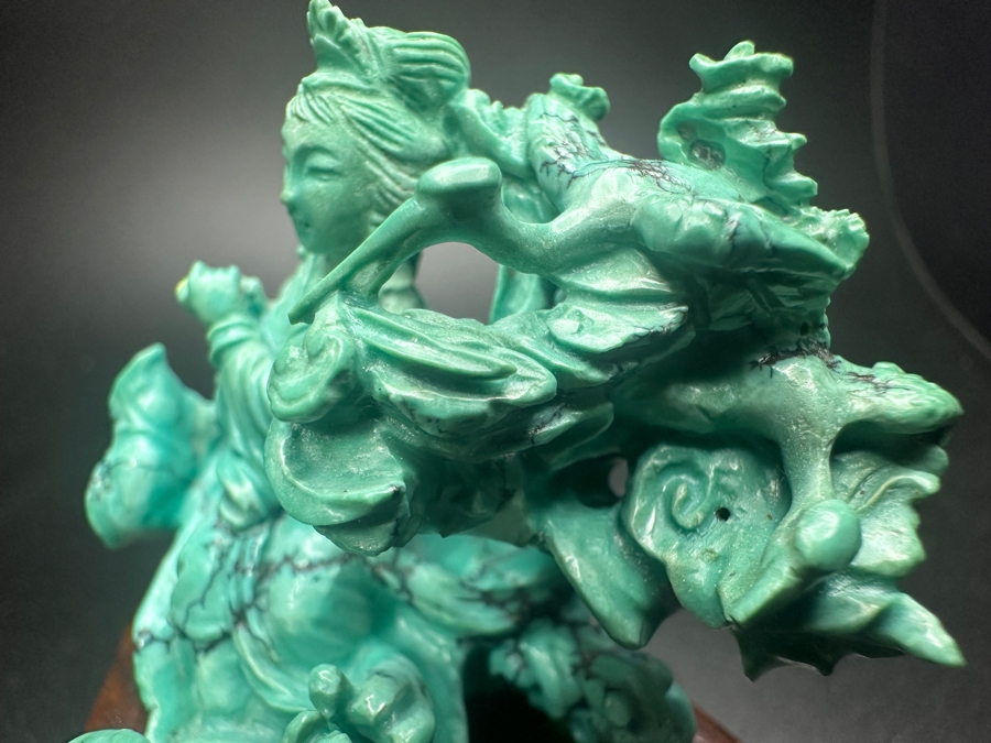 Small Vintage Chinese Intricately Carved Turquoise Dancing Fairy Woman Figurine On A Wooden Stand 3.25'H [Photo 6]