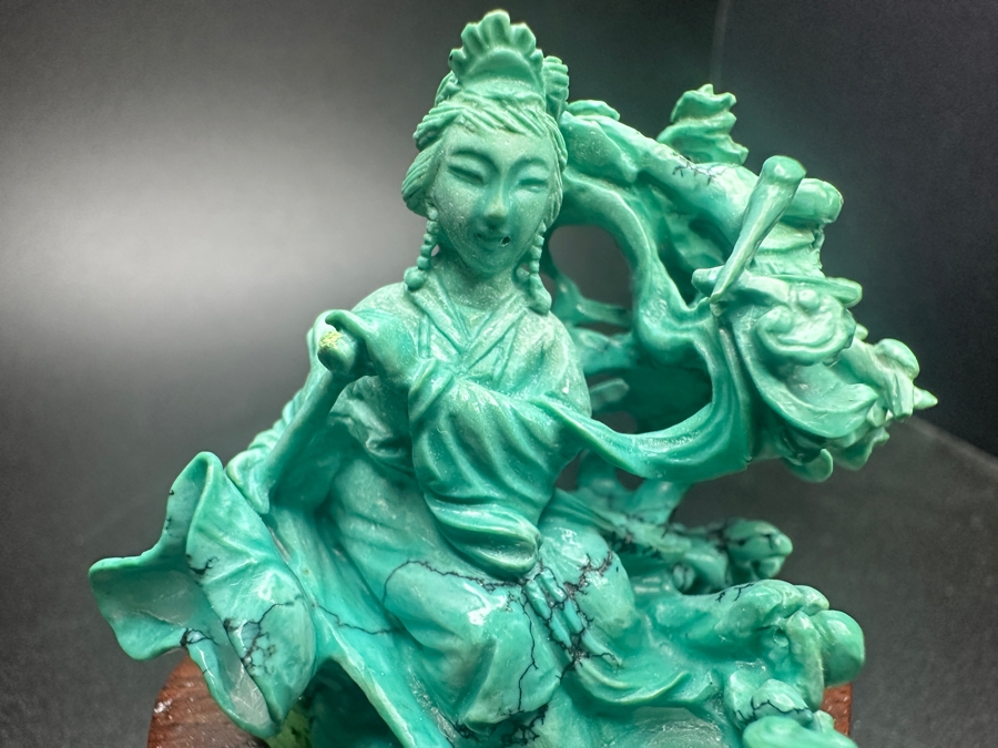 Small Vintage Chinese Intricately Carved Turquoise Dancing Fairy Woman Figurine On A Wooden Stand 3.25'H [Photo 4]