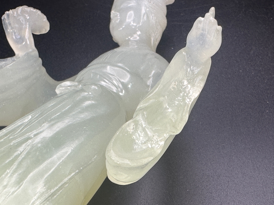 Vintage Hand-Carved Chinese Translucent Jadeite Statue Of Guanyin Holding A Flower on Wooden Base 8.5'H [Photo 7]