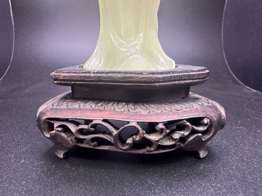 Vintage Hand-Carved Chinese Translucent Jadeite Statue Of Guanyin Holding A Flower on Wooden Base 8.5'H [Photo 15]