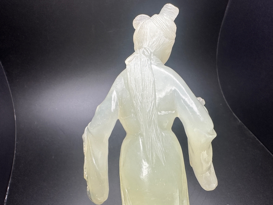 Vintage Hand-Carved Chinese Translucent Jadeite Statue Of Guanyin Holding A Flower on Wooden Base 8.5'H [Photo 9]