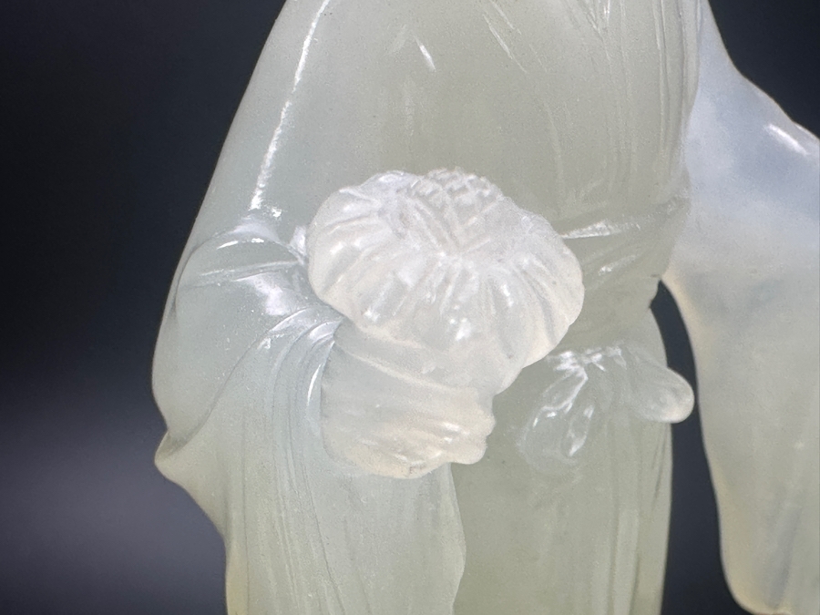 Vintage Hand-Carved Chinese Translucent Jadeite Statue Of Guanyin Holding A Flower on Wooden Base 8.5'H [Photo 12]