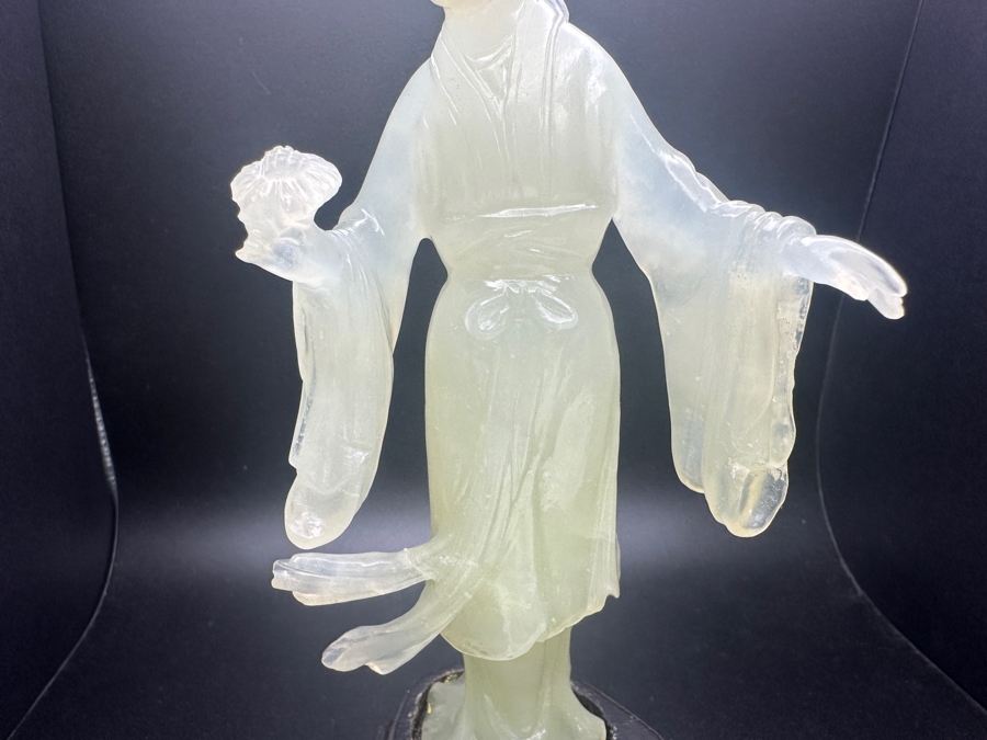 Vintage Hand-Carved Chinese Translucent Jadeite Statue Of Guanyin Holding A Flower on Wooden Base 8.5'H [Photo 2]