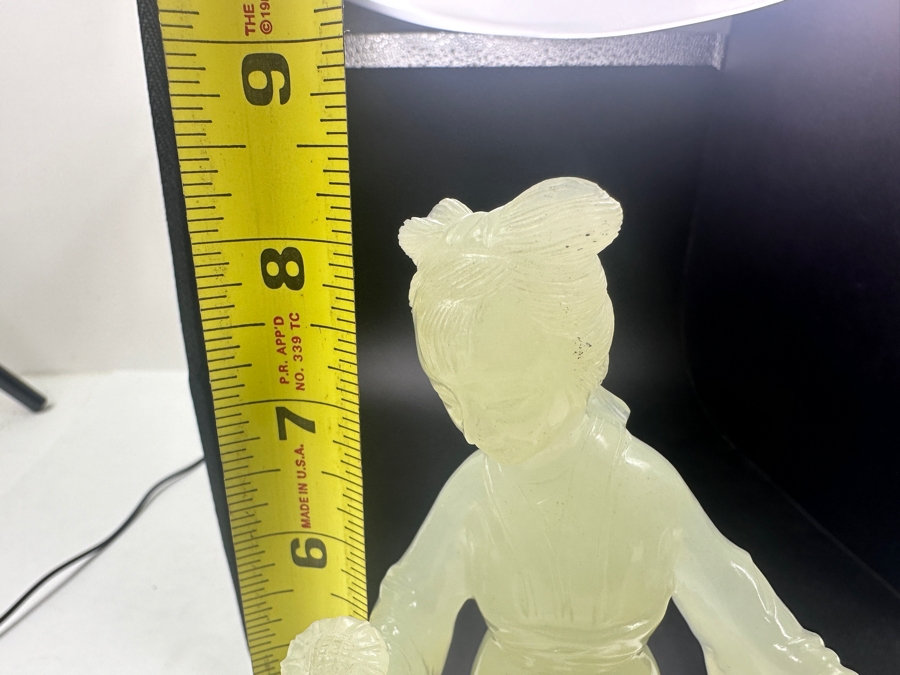 Vintage Hand-Carved Chinese Translucent Jadeite Statue Of Guanyin Holding A Flower on Wooden Base 8.5'H [Photo 17]