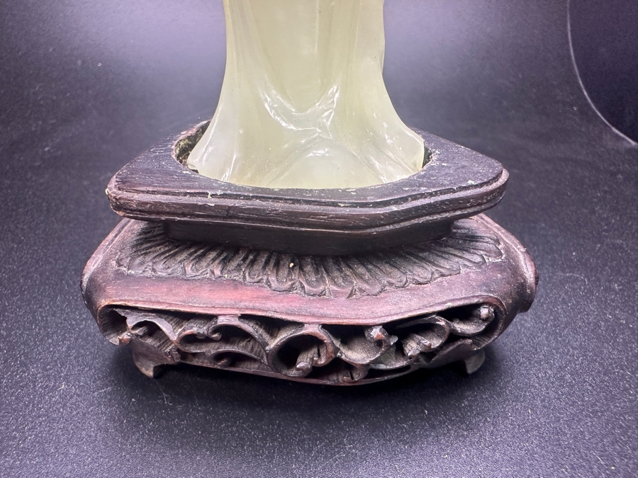 Vintage Hand-Carved Chinese Translucent Jadeite Statue Of Guanyin Holding A Flower on Wooden Base 8.5'H [Photo 14]