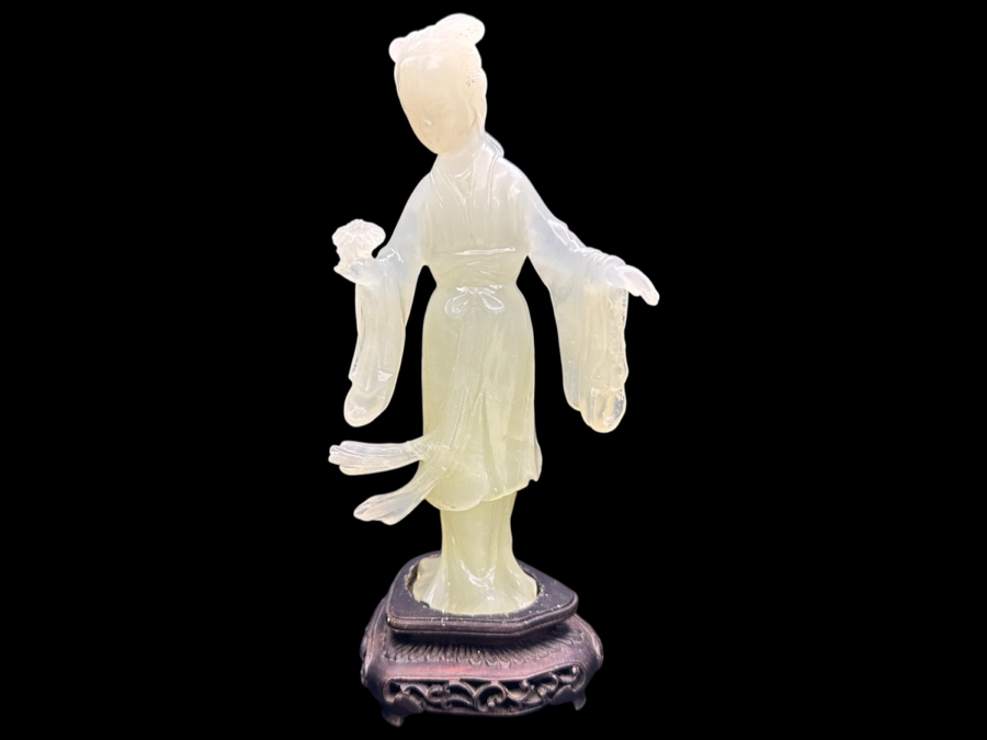 Vintage Hand-Carved Chinese Translucent Jadeite Statue Of Guanyin Holding A Flower on Wooden Base 8.5'H