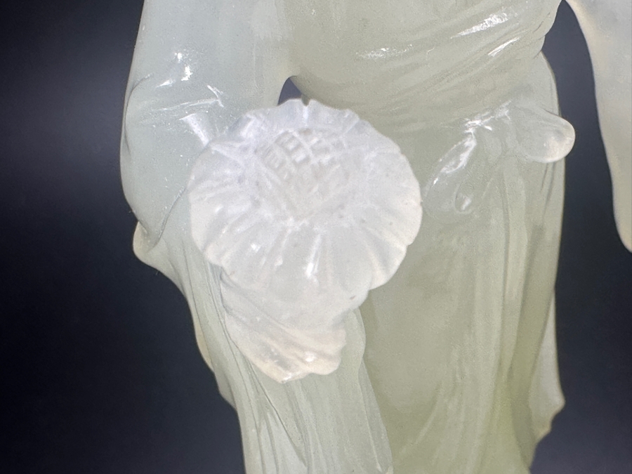 Vintage Hand-Carved Chinese Translucent Jadeite Statue Of Guanyin Holding A Flower on Wooden Base 8.5'H [Photo 11]