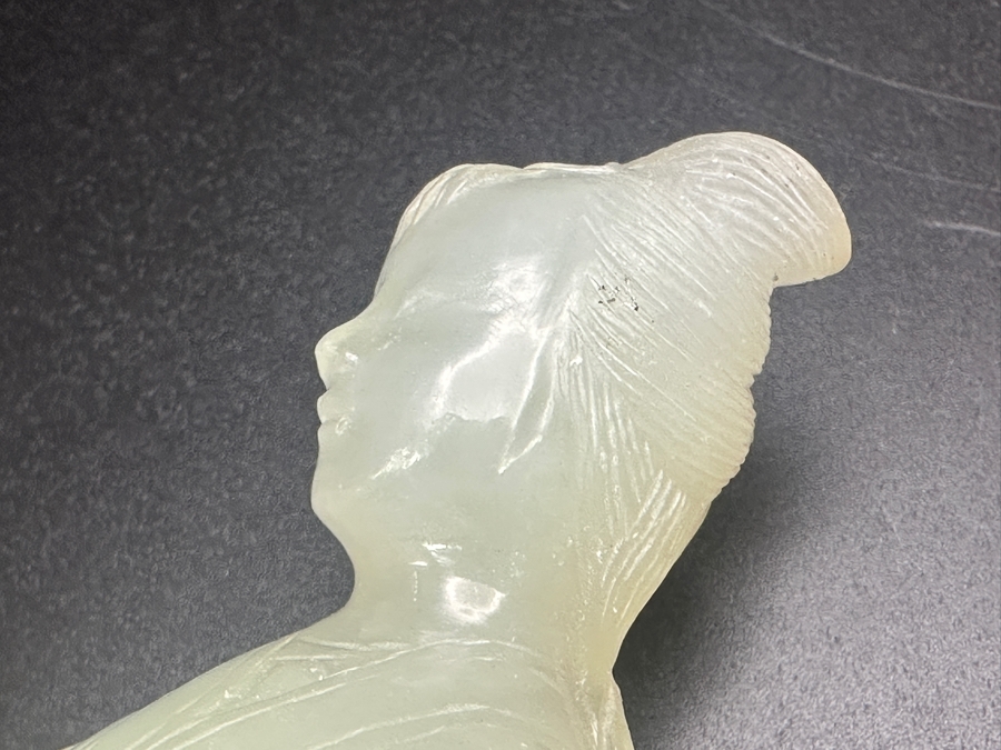 Vintage Hand-Carved Chinese Translucent Jadeite Statue Of Guanyin Holding A Flower on Wooden Base 8.5'H [Photo 6]