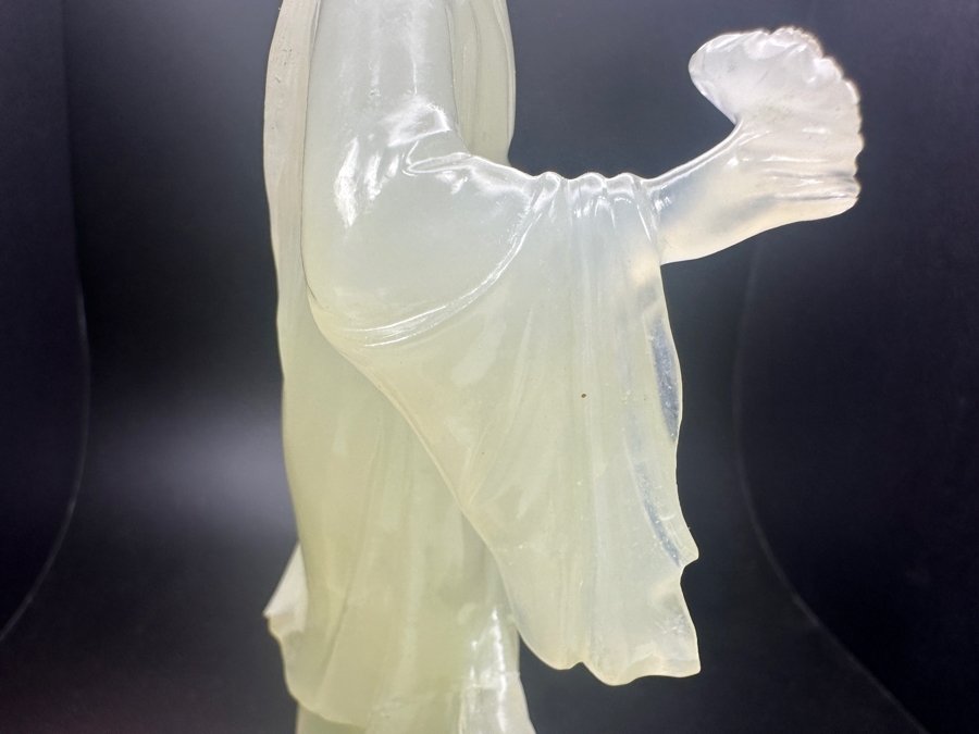 Vintage Hand-Carved Chinese Translucent Jadeite Statue Of Guanyin Holding A Flower on Wooden Base 8.5'H [Photo 10]
