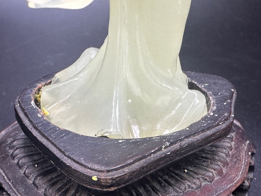 Vintage Hand-Carved Chinese Translucent Jadeite Statue Of Guanyin Holding A Flower on Wooden Base 8.5'H [Photo 13]