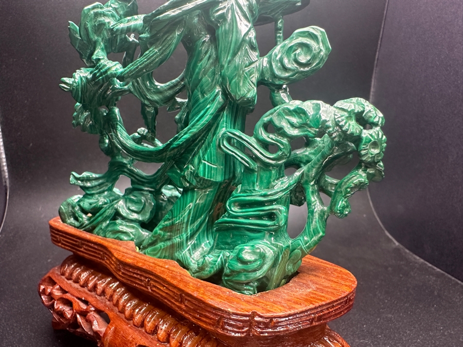 Vintage Chinese Intricately Carved Malachite Sculpture of Guanyin on Wooden Stand 6.5'H [Photo 10]