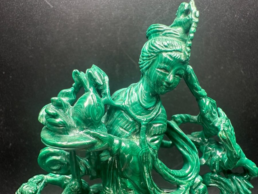 Vintage Chinese Intricately Carved Malachite Sculpture of Guanyin on Wooden Stand 6.5'H [Photo 3]