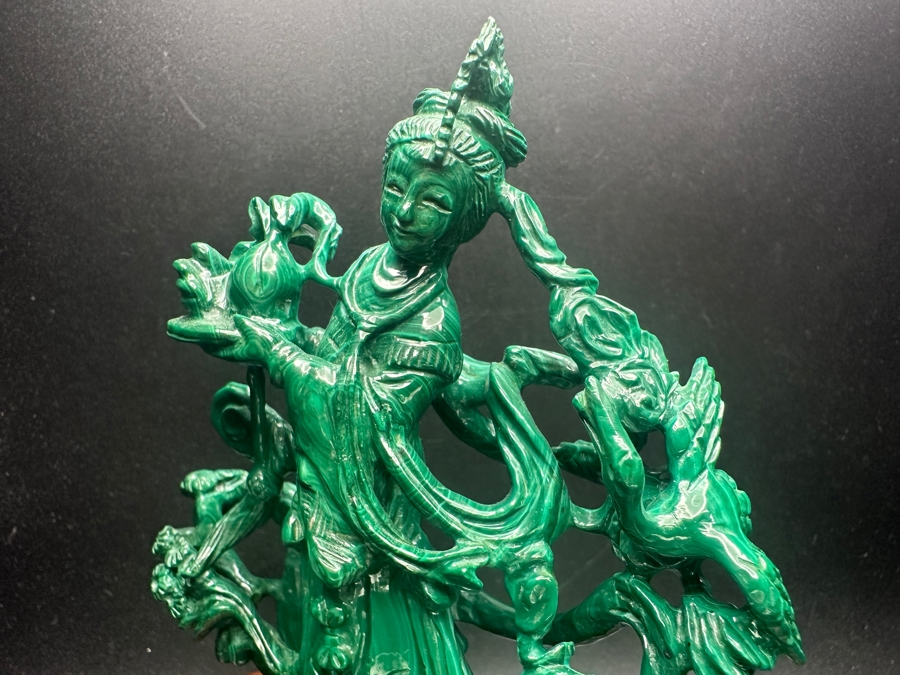 Vintage Chinese Intricately Carved Malachite Sculpture of Guanyin on Wooden Stand 6.5'H [Photo 8]