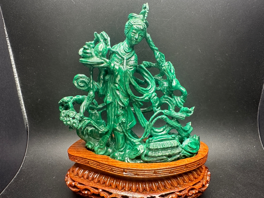 Vintage Chinese Intricately Carved Malachite Sculpture of Guanyin on Wooden Stand 6.5'H [Photo 2]