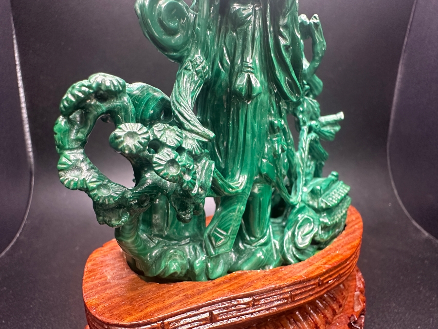 Vintage Chinese Intricately Carved Malachite Sculpture of Guanyin on Wooden Stand 6.5'H [Photo 11]