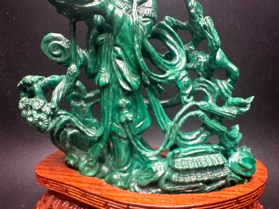 Vintage Chinese Intricately Carved Malachite Sculpture of Guanyin on Wooden Stand 6.5'H [Photo 5]