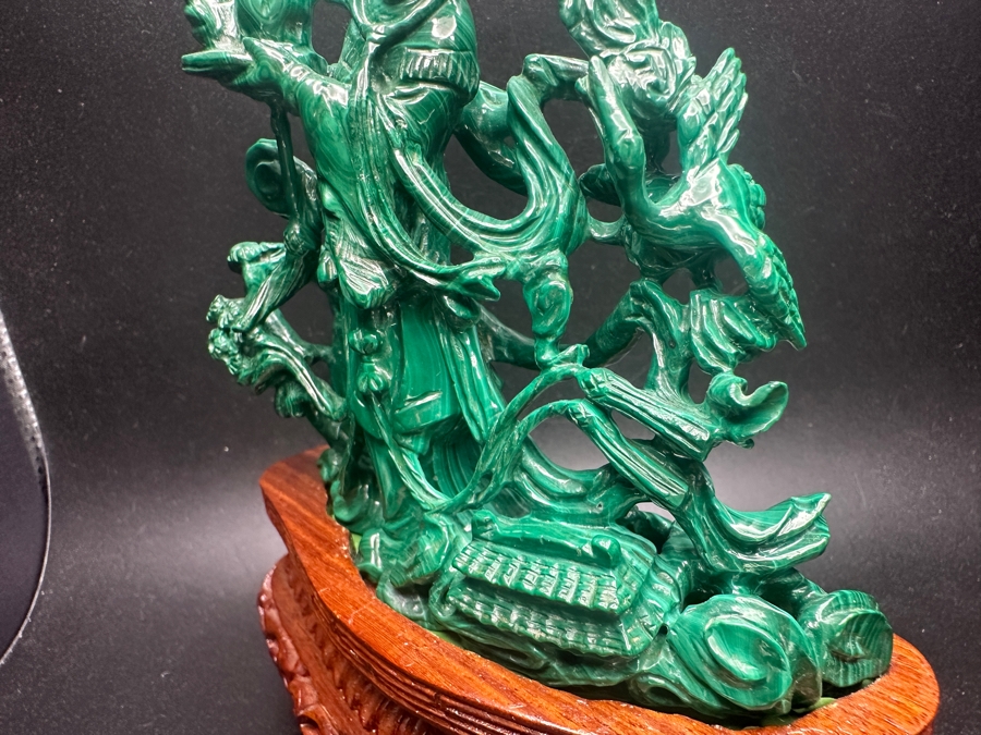 Vintage Chinese Intricately Carved Malachite Sculpture of Guanyin on Wooden Stand 6.5'H [Photo 7]