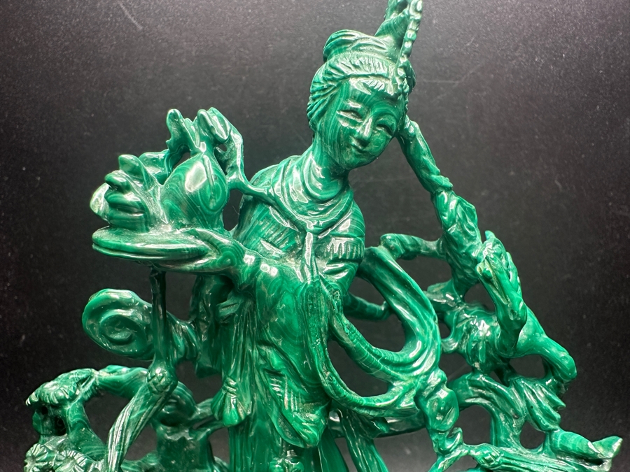 Vintage Chinese Intricately Carved Malachite Sculpture of Guanyin on Wooden Stand 6.5'H [Photo 4]
