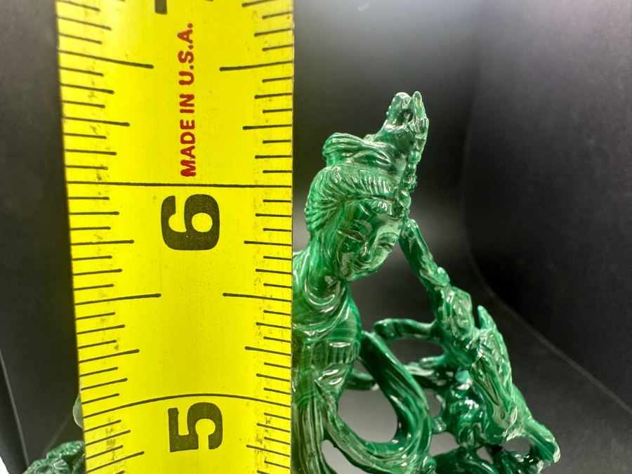 Vintage Chinese Intricately Carved Malachite Sculpture of Guanyin on Wooden Stand 6.5'H [Photo 15]