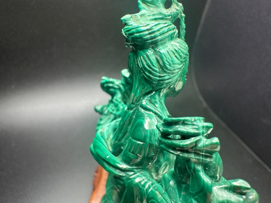 Vintage Chinese Intricately Carved Malachite Sculpture of Guanyin on Wooden Stand 6.5'H [Photo 12]