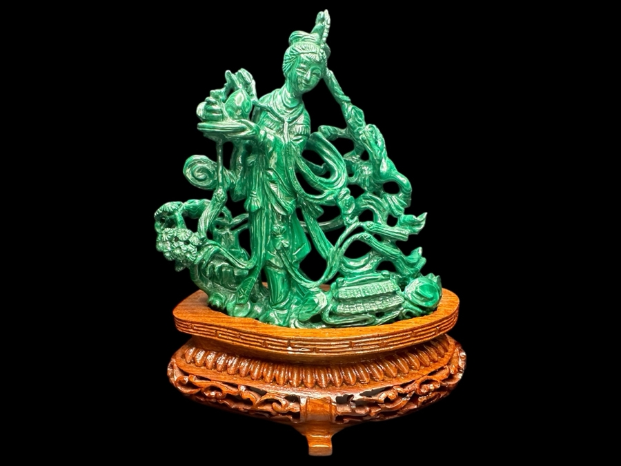 Vintage Chinese Intricately Carved Malachite Sculpture of Guanyin on Wooden Stand 6.5'H