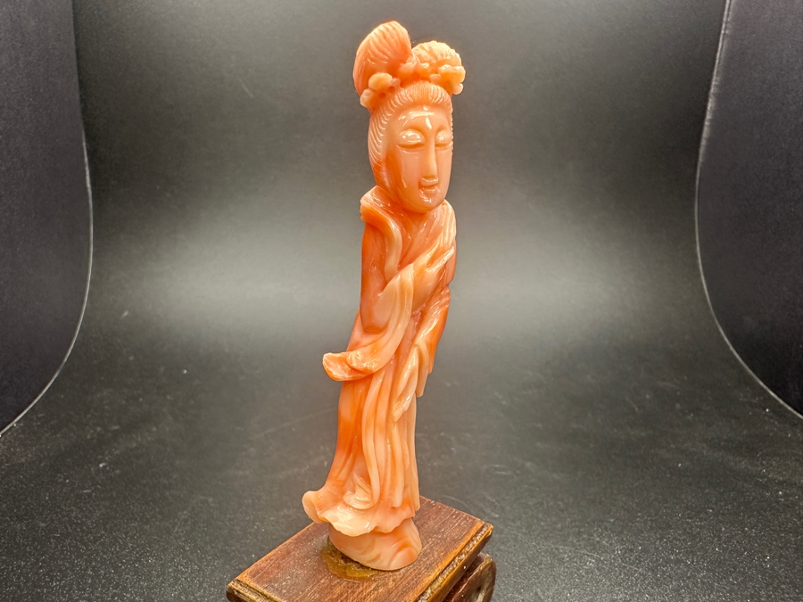 Hand Carved Chinese Coral Guanyin Figurine On Wooden Stand 4.25'H [Photo 3]