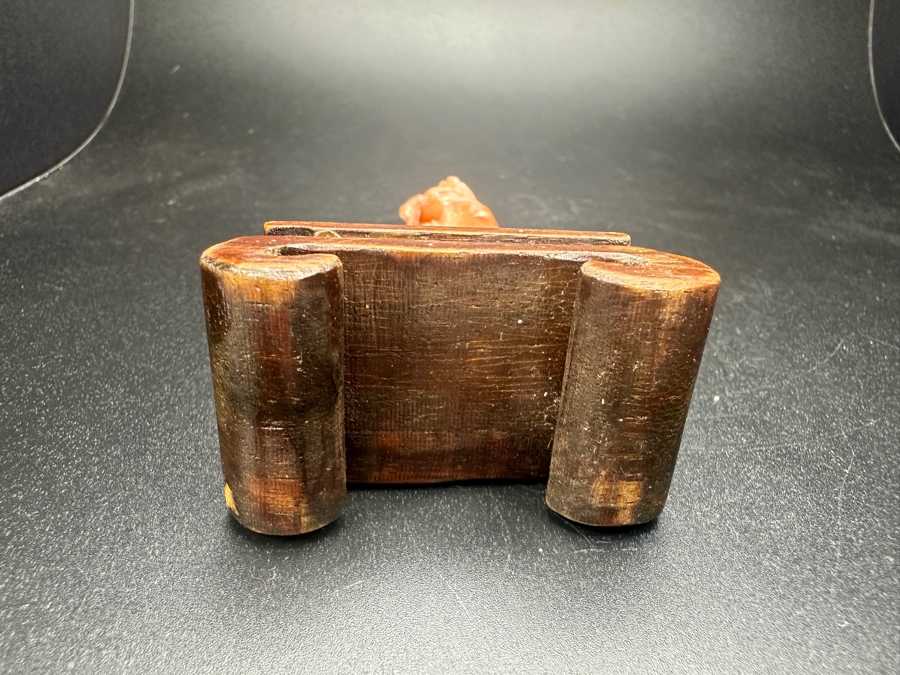 Hand Carved Chinese Coral Guanyin Figurine On Wooden Stand 4.25'H [Photo 6]