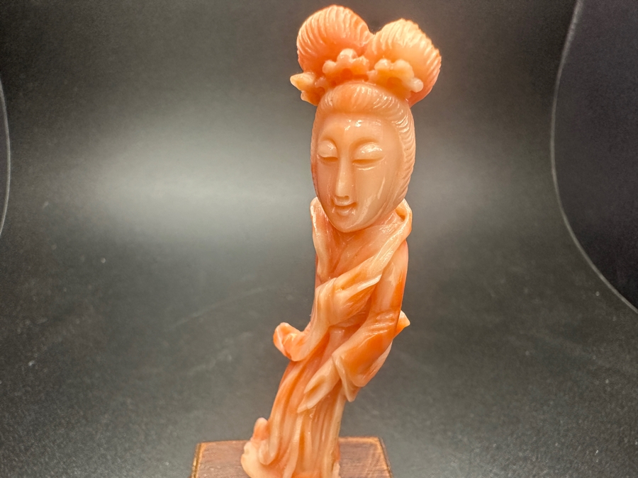 Hand Carved Chinese Coral Guanyin Figurine On Wooden Stand 4.25'H [Photo 2]