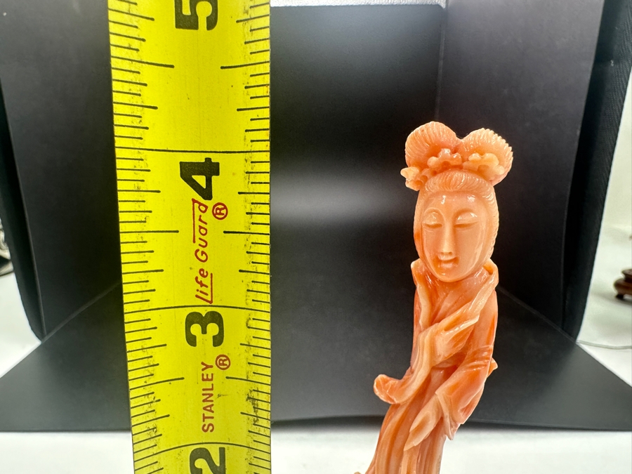 Hand Carved Chinese Coral Guanyin Figurine On Wooden Stand 4.25'H [Photo 8]